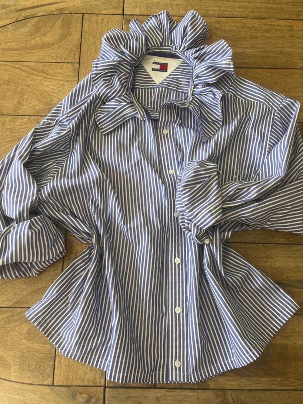 Woman’s Ruffle Collar Striped Blue & White Button Up Shirt - Up cycled